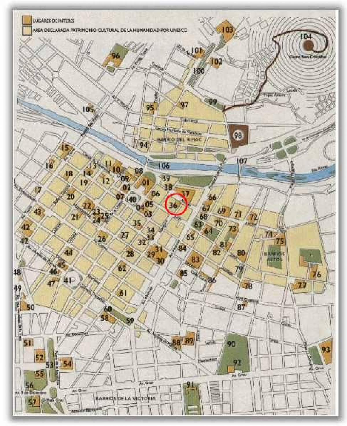 Kort af det historiske centrum af Lima