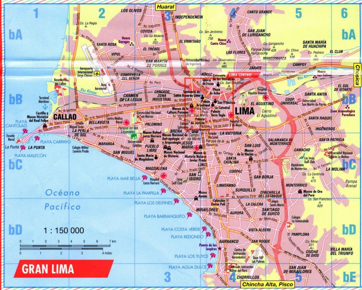 Kort over Lima 'hop on, hop off' - bussen